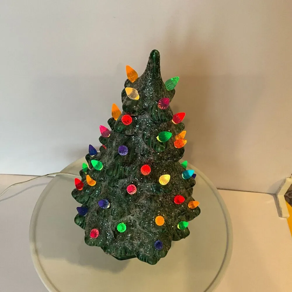 Vintage lighted ceramic Christmas tree; glitter snow Holland Mold Table top tree